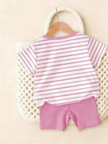 SHEIN Playful Pals 2件套女婴可爱粉色贝壳海星条纹印花短袖T恤和短裤套装，适合夏季外出穿着 - 彩色 - 查看 5