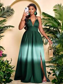 Brilight 女士优雅浪漫渐变印花休闲度假深V领无袖挂脖系带A字长裙，适合外出、海滩、音乐节、婚礼宾客、毕业典礼、商务休闲和波西米亚风格（春夏连衣裙） - 墨綠色 - 查看 3