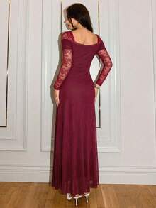 Modelyn Wine Red Mesh Lace Ruffle French Elegant Long Dress For Outing And Date - Burgundy - View 2