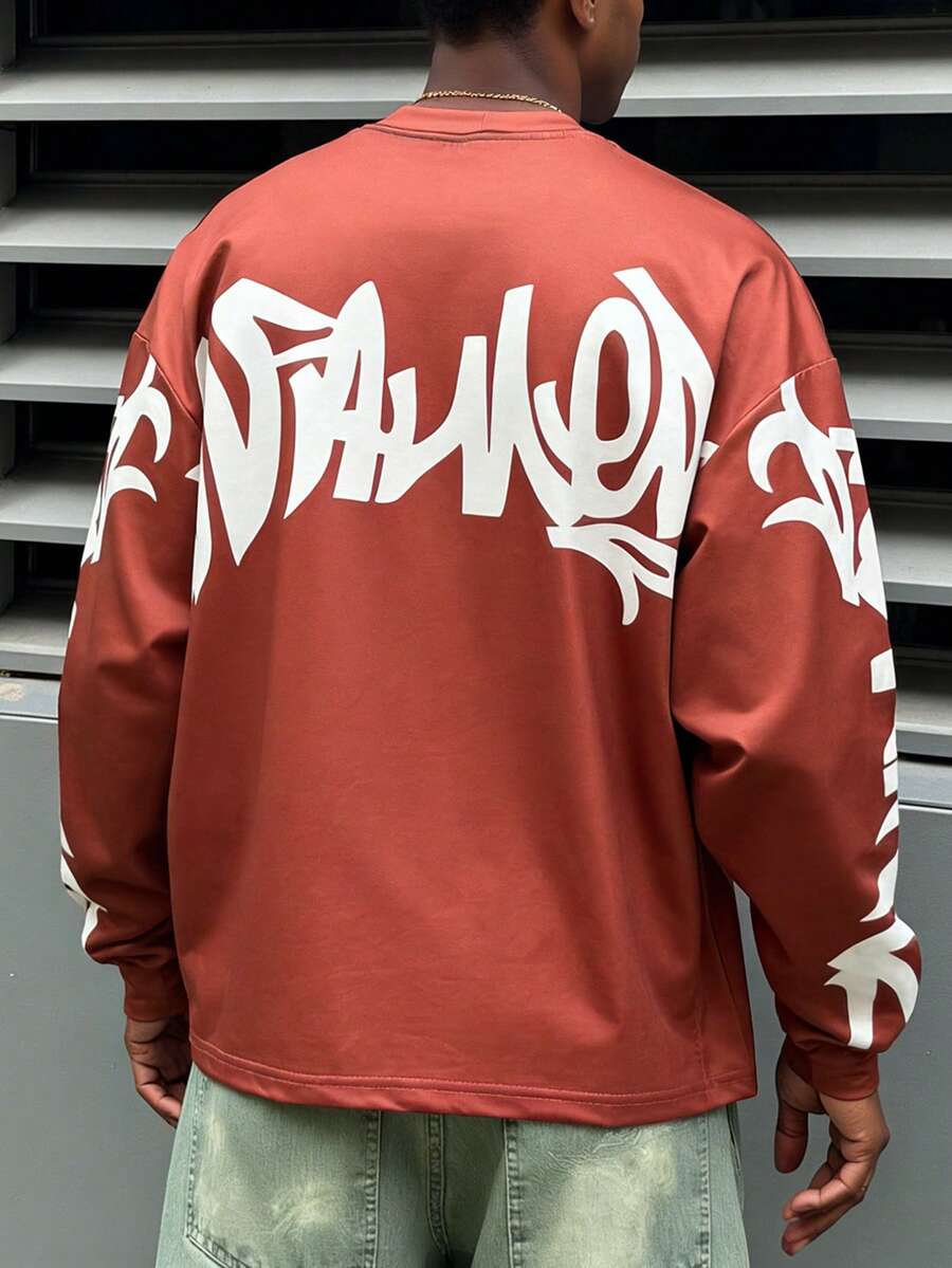 Manfinity EMRG 男士字母印花圆领休闲百搭长袖T恤 - 彩色 - 查看 1