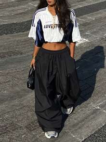 Coolane 女士休闲日常通勤简约纯黑色弹力腰侧口袋宽松阔腿裤 - 黑色 - 查看 1