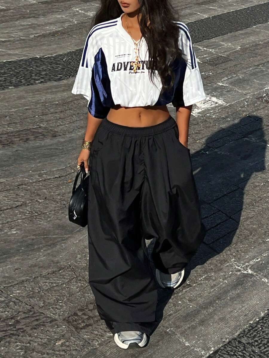 Coolane 女士休闲日常通勤简约纯黑色弹力腰侧口袋宽松阔腿裤 - 黑色 - 查看 1