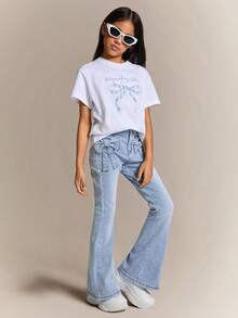 Radiana Vintage Blue Denim Bowknot Pocket Design Flared Pants For Tween Girl,Girls Summer Brunch Church Graduation Party Outfits,Streetwear,Girls Summer Beach Boho Vacation Shorts, Summer Concert Festival Casual Rave Outfits, Girls Summer Brunch Church Graduation Outfits,Streetwear,Back To School Outfits,Back To School Outfits, Flare Jeans, Jeans With Bows, Jeans For Teens, Bow Jeans, Light Wash Jeans - Light Wash - View 3