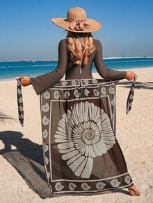 Swim Mulvari Women's Middle Eastern One-Piece Swimsuit, Digital Printed Skirt Bottom, Seashell & Nautilus Pattern, Elegant Brown Middle Eastern One-Piece Swimsuit - Brown - View 2