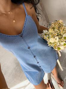 Sunnyshic Women's Casual Denim Romper, Summer - Blue - View 6