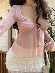 DAZY Spring/Summer Pink Blouse, Casual Vacation Beach Chiffon Crop Top With Front Tie, Fitted Waist, Flare Sleeves, Ruffle Hem, Sheer Lightweight Shirt For Women - Pink - View 8