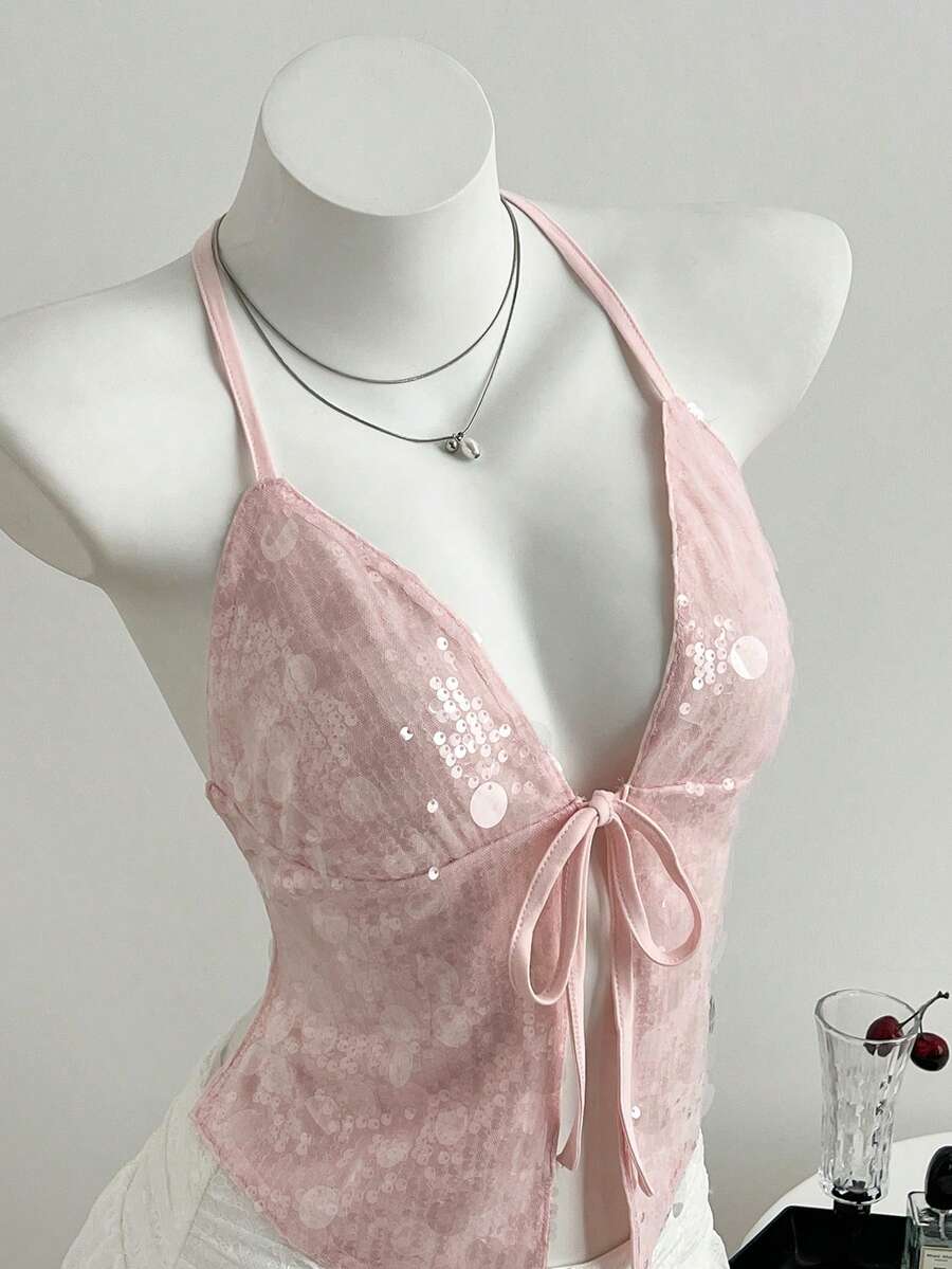 Elamini Blusa con espalda descubierta y lazada con cuentas para mujer, adecuada para fiestas - Rosa - Ver 1