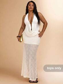 SHEIN BAE Plus Size Women Draped Neck Halter Ruched Metal Decor Sexy Elegant Tank Top, Summer Tops - White - View 3