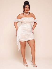 SHEIN BAE 大码女式不对称鱼骨蕾丝露肩修身优雅连衣裙 - 白色 - 查看 5