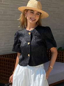 DAZY Women's Elegant Floral Textured Round Neck Blouse, Summer - Black - View 6