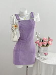 Flirla Damen einfarbiges Lässig Trägerkleid mit Tasche - Violett - Übersicht 3