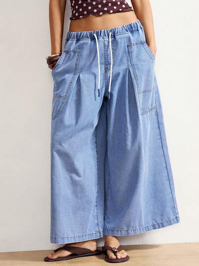 Bohemela New Women's Drawstring Belt Pocket Loose Wide-Leg Jeans, 9/10 Length, Blue Jeans Uitable For Casual Vacations, Outings, Beach Wear, And Music Festivals. Y2K, Perfect For Outdoor Wear.