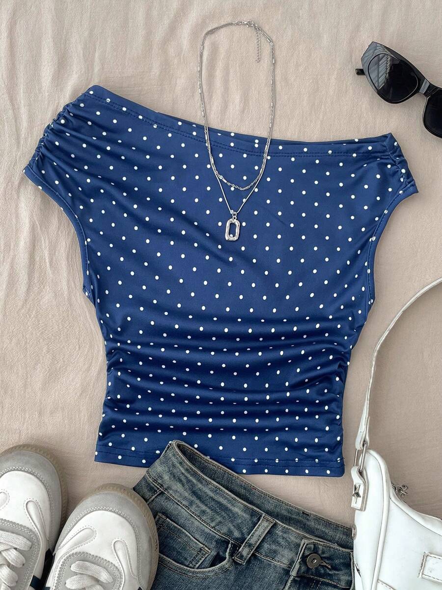 SHEIN Tween Girls Navy Blue Knit Casual Minimalist Polka Dot Print Asymmetric Ruched Crop Top, Suitable For Spring/Summer, Casual, Personalized Styling, Daily Wear - Navy Blue - View 1