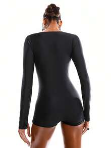 LYSMO 女士字母印花修身连体泳衣，带短裤，适合泳池/海滩穿着 - 黑色 - 查看 2