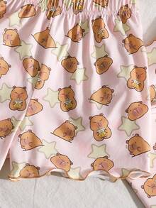 SHEIN 3pcs Tween Girls Casual Knit Pajama Set, Cute Cartoon Print Ruffle Trim Camisole, Long Pants & Shorts - Blue and White - View 5