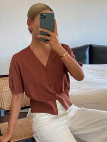 DAZY Women's Loose V-Neck Short Sleeve Casual Vacation Knit Cardigan, Lightweight, Spring/Summer - Coffee Brown - View 5