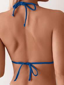 Swim Basics 女士性感露背撞色三角缝线系带比基尼上衣，沙滩度假风 - 藍色 - 查看 2
