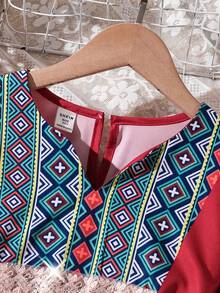 SHEIN Tween Girl Vacation Geometric Pattern Sequin Tassel 3/4 Sleeve Loose Dress - Red - View 5