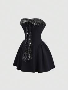 Sweetra Đầm ống ngắn ôm sát người phối sequin màu tương phản mới dành cho nữ, thích hợp cho kỳ nghỉ, tiệc tùng, năm mới, Giáng sinh. - màu đen - Xem 1