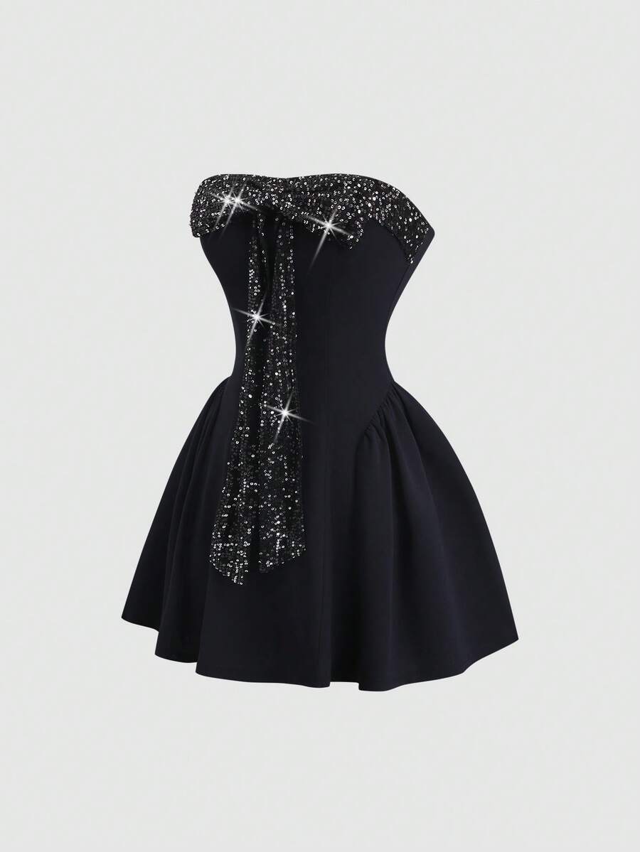 Sweetra Đầm ống ngắn ôm sát người phối sequin màu tương phản mới dành cho nữ, thích hợp cho kỳ nghỉ, tiệc tùng, năm mới, Giáng sinh. - màu đen - Xem 1