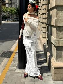 Siren Gaze Women's Polka Dot Print Maxi Mermaid Skirt - White - View 6