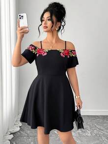 Elenzga Plus Size Women's Summer Elegant Boho Party Cocktail Dress,Black And Red Embroidered Floral Off-Shoulder A-Line Short Sleeve Waist-Cinching Fashion - Black - View 5