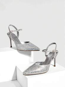 CUCCOO SZL 女士鞋履 时尚春夏尖头细高跟银色水钻踝带性感宴会派对夜店女士高跟鞋露跟鞋女鞋 - 銀色 - 查看 1
