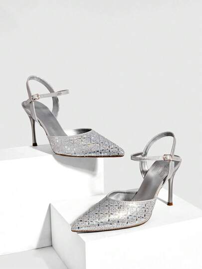 CUCCOO SZL 女士鞋履 时尚春夏尖头细高跟银色水钻踝带性感宴会派对夜店女士高跟鞋露跟鞋女鞋