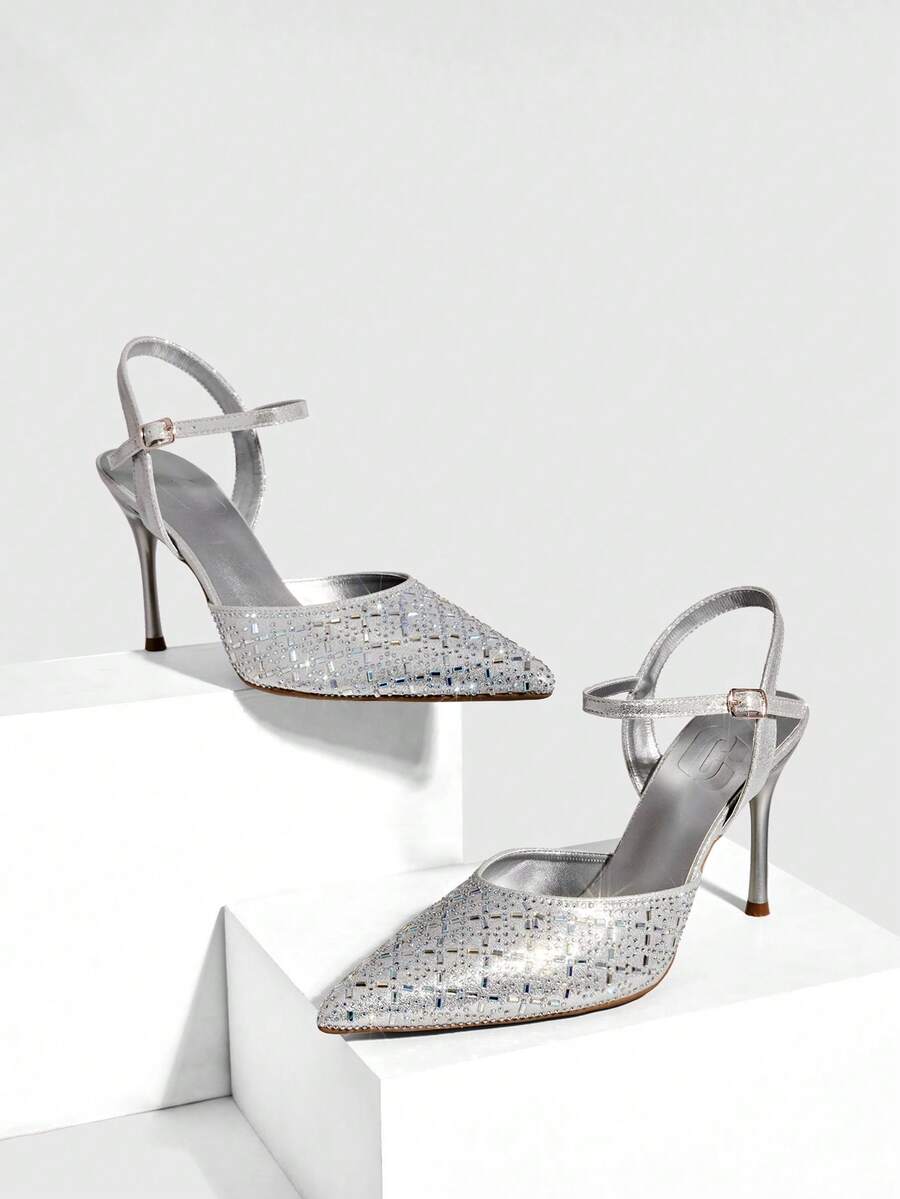 CUCCOO SZL 女士鞋履 时尚春夏尖头细高跟银色水钻踝带性感宴会派对夜店女士高跟鞋露跟鞋女鞋 - 銀色 - 查看 1