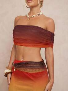 Lumalex Bộ đồ 2 món áo croptop trễ vai phối ombre cho nữ, thời trang mùa hè. - Rỉ Nâu - Xem 8