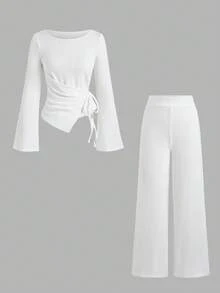 Sweetra Y2K Asymmetrical Hem Pleated Textured 2 Pieces Set, Versatile For Commuting & Wide-Leg - White - View 1
