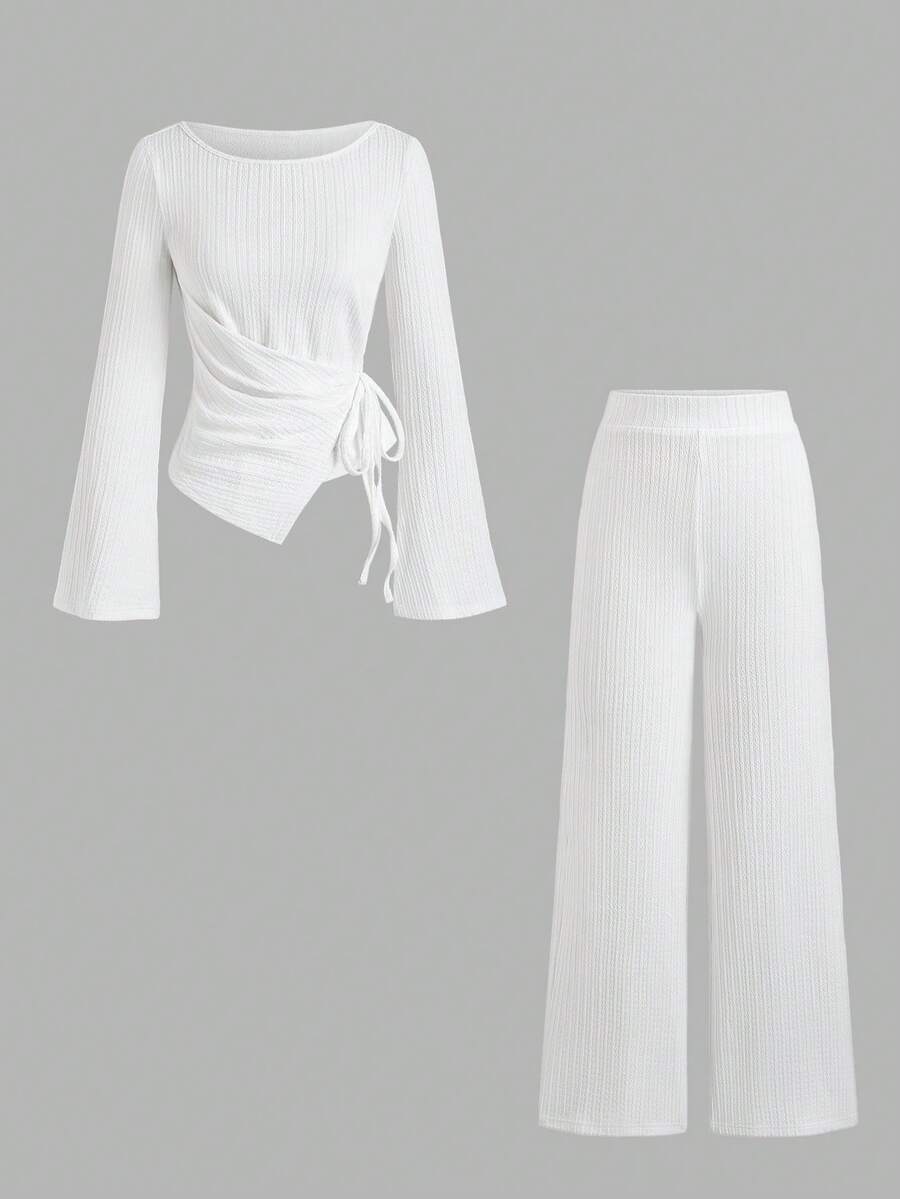 Sweetra Y2K Asymmetrical Hem Pleated Textured 2 Pieces Set, Versatile For Commuting & Wide-Leg - White - View 1