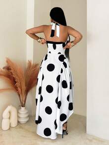 SHEIN BamGlam Trang phục dự tiệc phong cách cổ điển: Váy maxi dài chấm bi đen trắng, cổ yếm, khoét eo, dáng rộng. - Đen và trắng - Xem 2