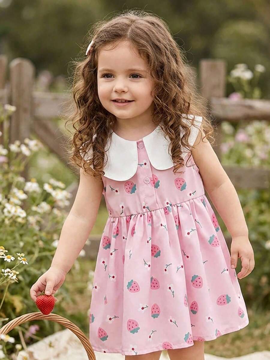Vintaside Kids 女婴草莓印花彼得潘领无袖休闲连衣裙 - 粉色 - 查看 1