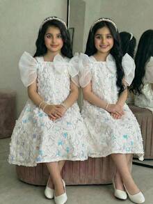 SHEIN Tween Girl Spring/Summer Elegant Sequin Embroidered Lace Large Bow Decor Exaggerated Sleeve A-Line Dress White Suitable For Wedding Season Flower Girl Dress Tween Girl - White - View 7