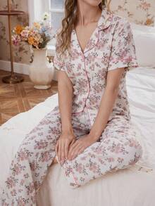 女士浪漫花卉印花翻领短袖睡衣套装 - 杏色 - 查看 3