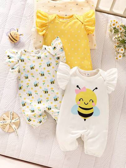 SHEIN 3-Piece Summer Newborn Baby Girl Sleeveless Ruffled White & Yellow Cartoon Bee Polka Dot Print Romper Set Comfortable Fabric, Simple Yet Adorable And Sweet Style