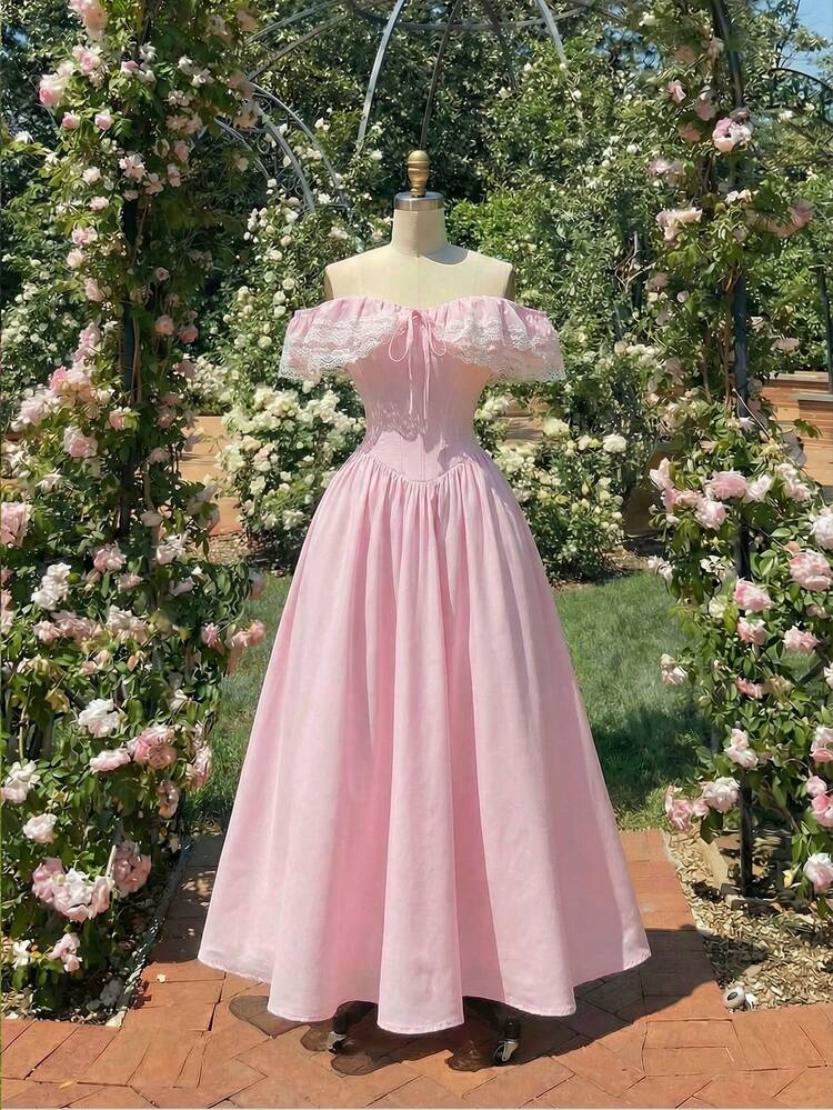 SHEIN MOD Vestido romántico de mujer con hombros descubiertos, encaje y empalme en color rosa - Rosa - Añade 5