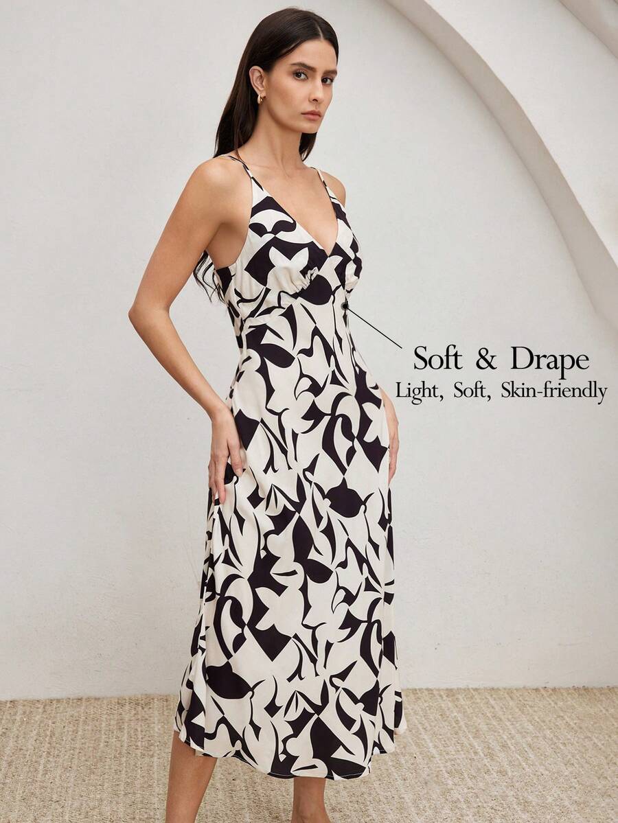 Ocili Leisure Minimalist Spaghetti Strap Maxi Dress, Chain Print, Comfortable Draping Cotton Voile Women Nightgown, Chic Autumn - Black and White - View 1