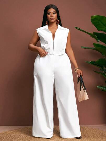 Slaydiva Spring/Summer New Elegant Commute & Casual & Party & Street & Modern & Office & Cocktail Party White Sleeveless Fitted Shirt Collar Front Zipper Hem Cropped Top And Wide Leg Extra Long Pants Woven Fabric Women Plus Size 2-Piece Set