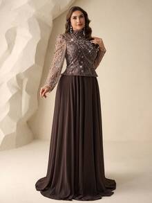 Coutiva Đầm dạ hội sang trọng cỡ lớn, cổ cao, kiểu dáng 2 trong 1, chất liệu chiffon đính sequin, phù hợp cho khách dự đám cưới, lễ tốt nghiệp, lễ hội đón mưa, sự kiện thảm đỏ, v.v. - màu nâu - Xem 4