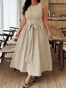 Weeklong Plus Size Striped Print Twist Front Sleeveless Elegant Dress - Multicolor - View 4