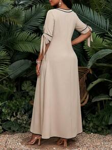 SHEIN Lady 女士度假圆领短袖打结设计优雅中长连衣裙 - 彩色 - 查看 2