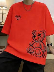 SHEIN 2件套青少年男童休闲可爱卡通熊印花短袖T恤和黑色短裤套装，舒适百搭，适合日常穿着、上学、郊游、户外活动、音乐节、假期、海滩度假、夏季、春夏穿着。 - 橘色 - 查看 3