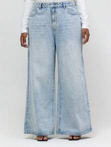 MUSERA 加大码水洗牛仔阔腿牛仔裤，日常休闲宽松街头风，冬季夜间外出及工作场合皆宜。 - 淺色水洗藍 - 查看 1