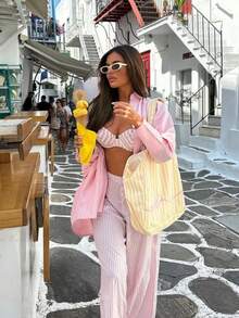 Swim SXY 3件套女士印花吊带条纹上衣和侧边抽绳泳裤泳装套装 - 彩色 - 查看 6