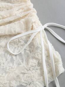 Sweetra Y2K性感蕾丝透视度假褶皱抽绳不对称肩连衣裙 - 白色 - 查看 6