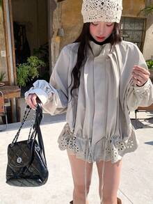 DAZY Women's Collar Hollow Out Floral Ruffle Trim Lightweight Jacket - Apricot - View 4