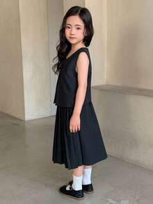 DAZY 2pcs/Set Girls (Small) V-Neck Woven Korean Style Shirt & Pleated Skirt Set - Grey - View 5