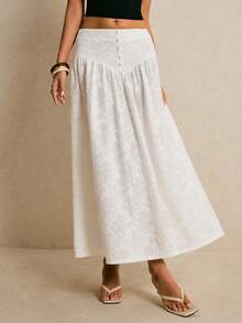 Poéselle 法式针织提花半身裙，白色蕾丝长裙，高腰飘逸波西米亚风半身裙，纽扣细节设计，优雅夏季 - 白色 - 查看 3